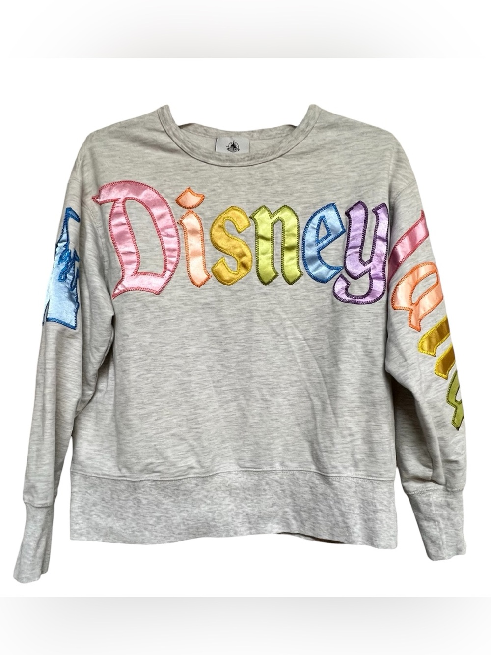 Disney Parks Pastel Rainbow Satin Appliqué Sweatshirt – Heather Gray Small